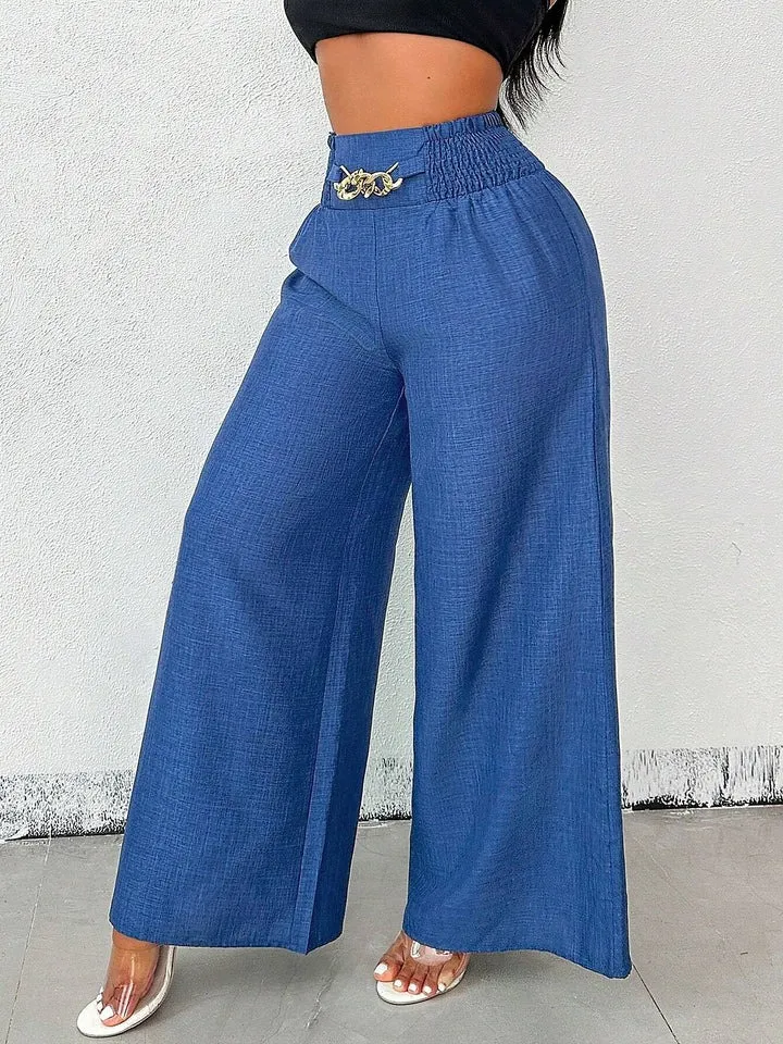 Women's Solid Color High-Waisted Pants, Stretchable Loose-Fitting Wide-Leg Trousers