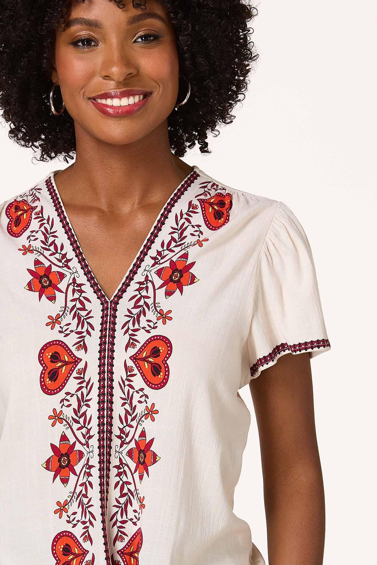 Tie Front Border Print Top