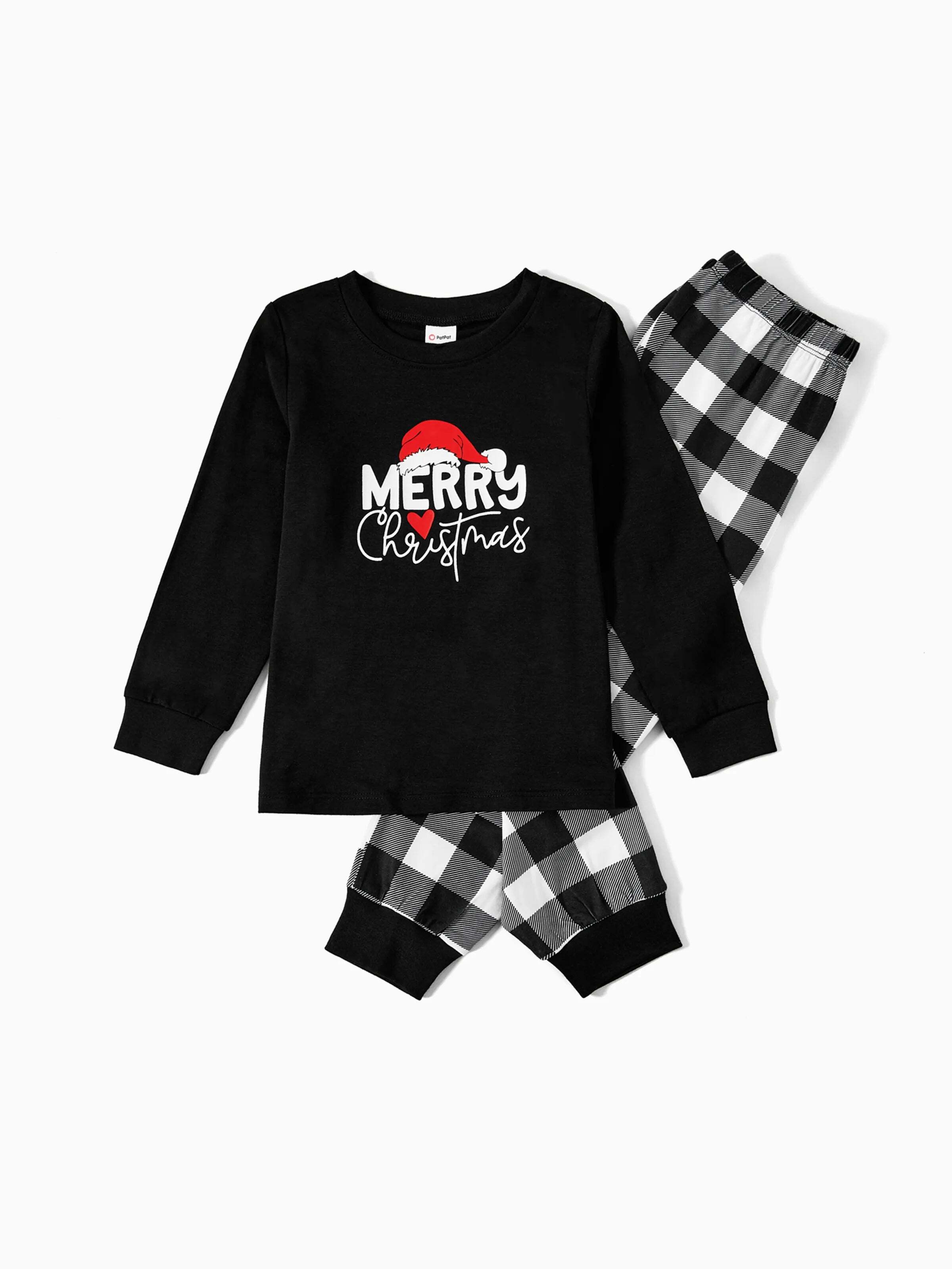 Christmas Family Matching Glow In The Dark Letters Print Long-sleeve Pajamas Sets with Christmas Socks Black+White
