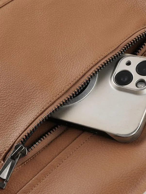 Men's Windproof Leather Jacket with Zipper Closure Solid Color Sport Style Pilot Motorcycle Model Multi