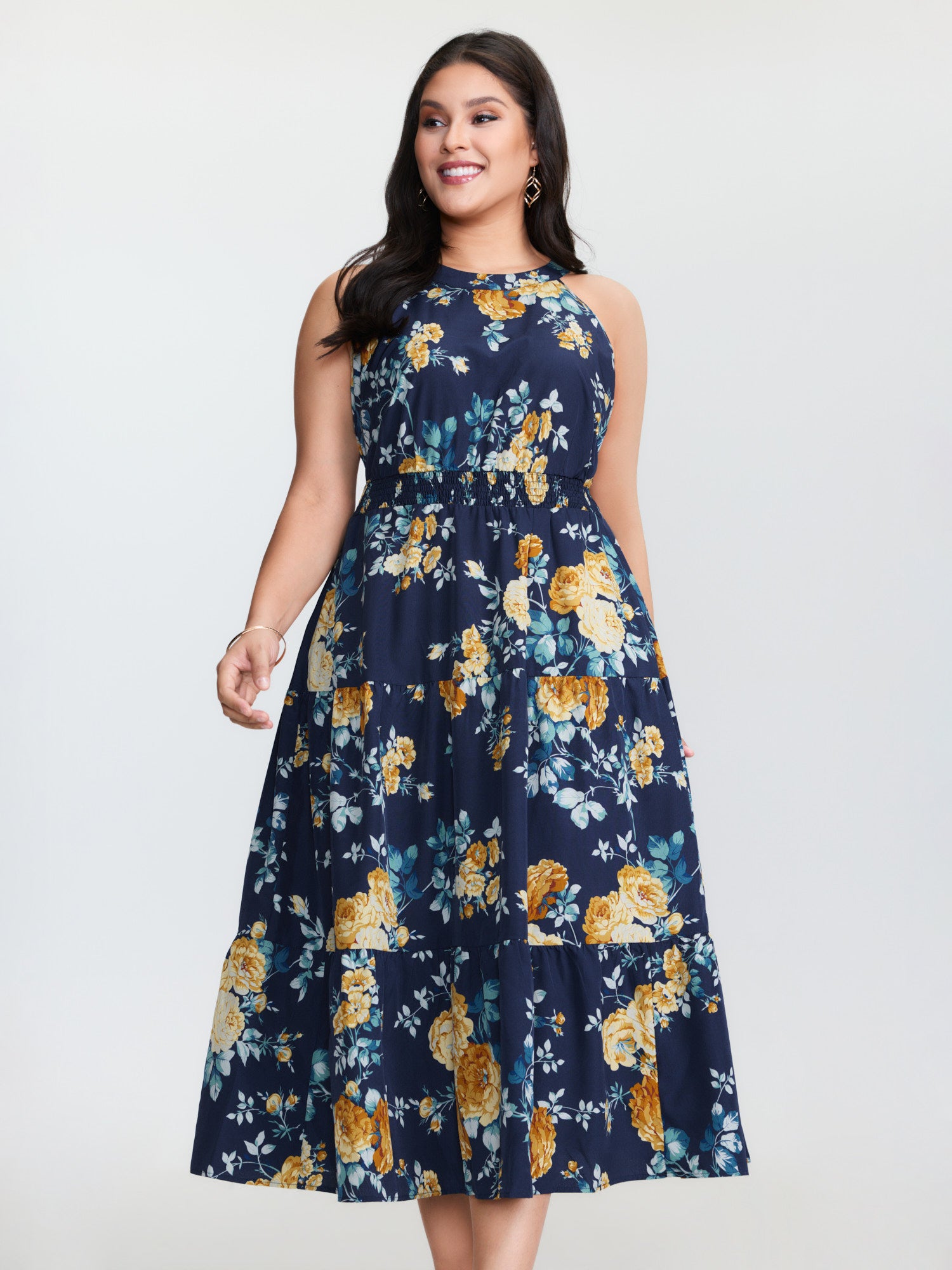 Shirred Floral Print Halter Neckline Maxi Dress