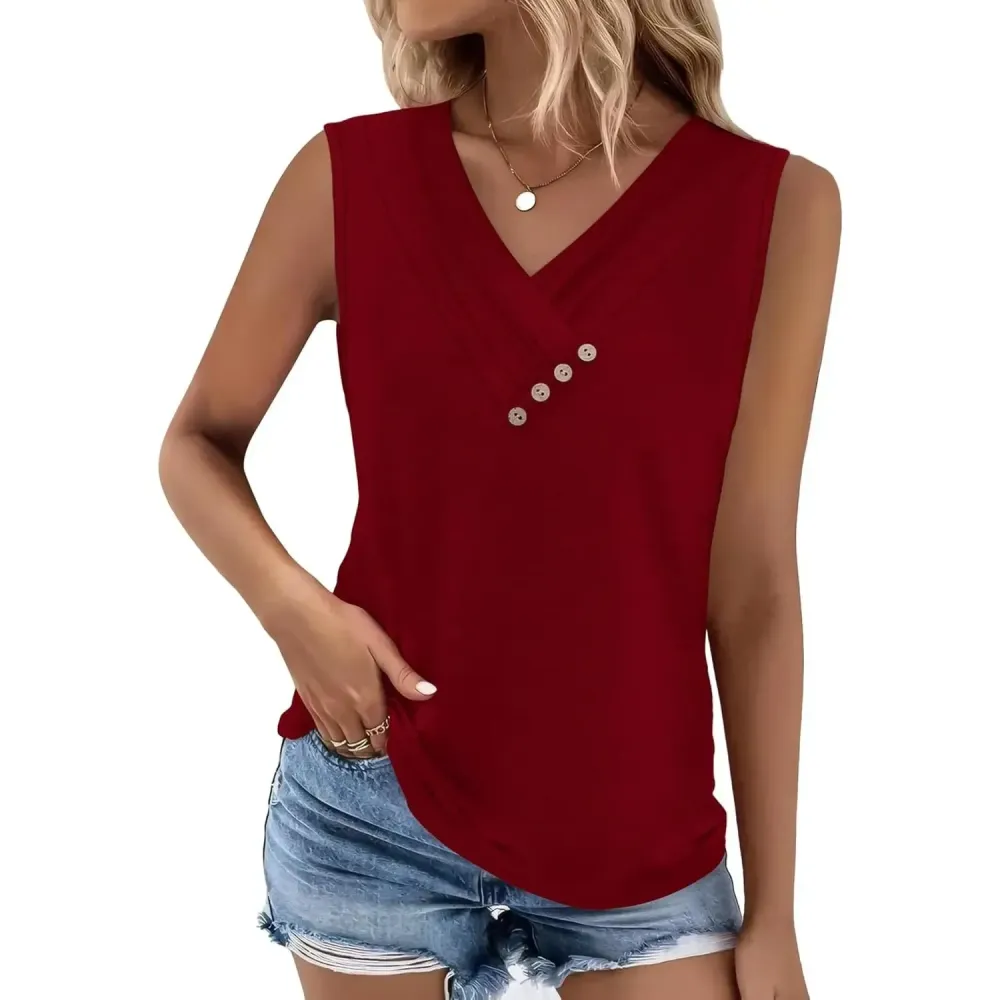 Women Summer Button Down V Neck T Shirts Sleeveless Loose Fit Fashion Tops