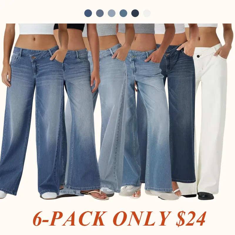 Low-rise zipper pocket loose wide-leg washed casual jeans