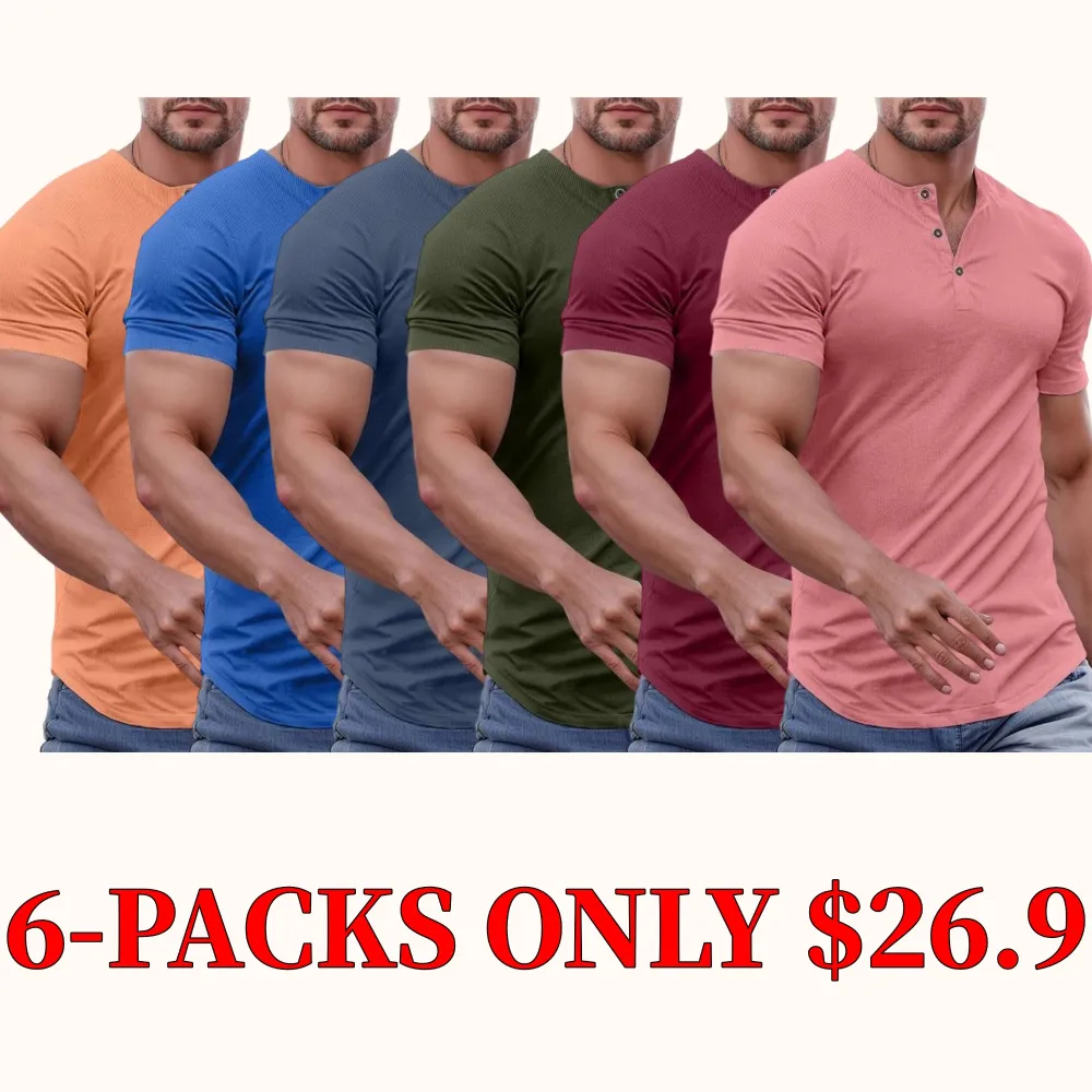 Men's solid color slim-fit Henley neck T-shirt