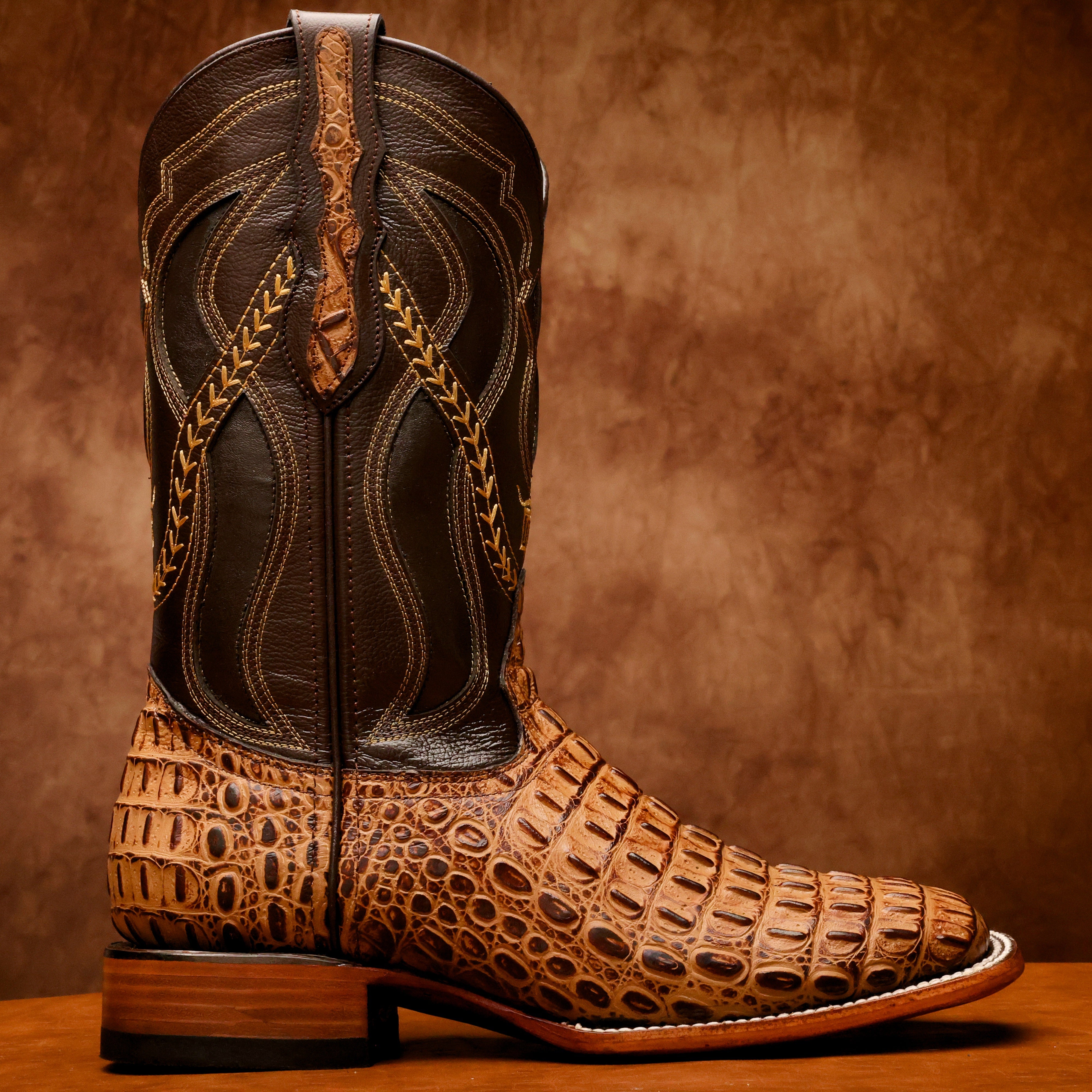 Honey Caiman Hornback Leather Boots - Square Toe