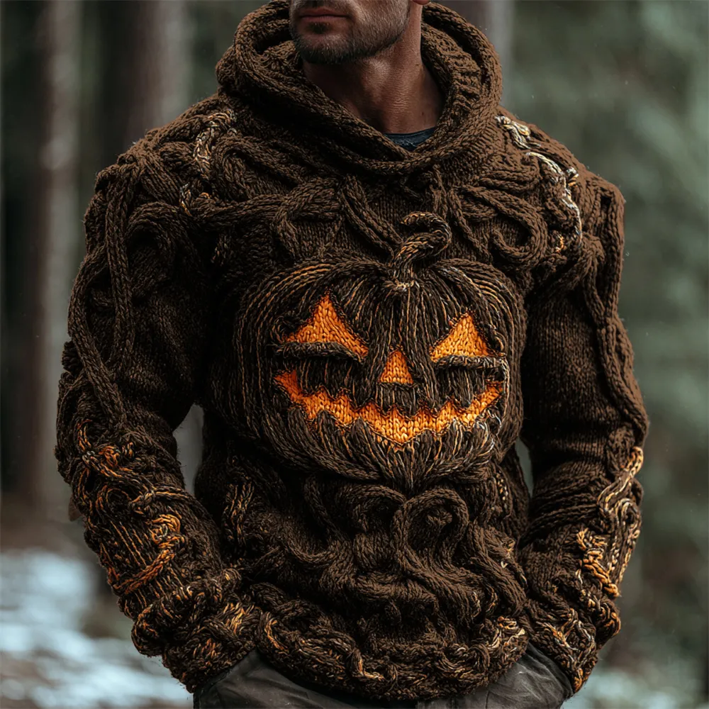 Halloween Pumpkin Emoji Men's Chunky Knit Hooded Sweater