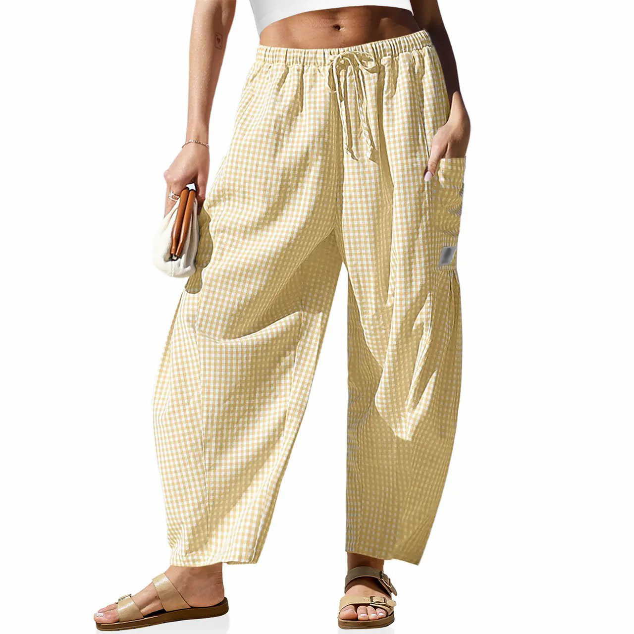 Women's Gingham Striped Wide Leg Pants – Low Waist Drawstring Palazzo with Pockets