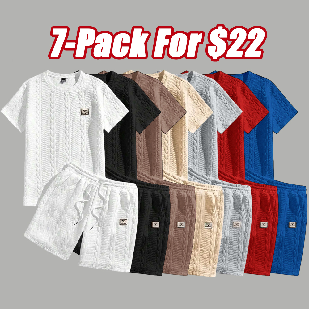 Summer men's jacquard textured fabric round neck short sleeved T-shirt and shorts set