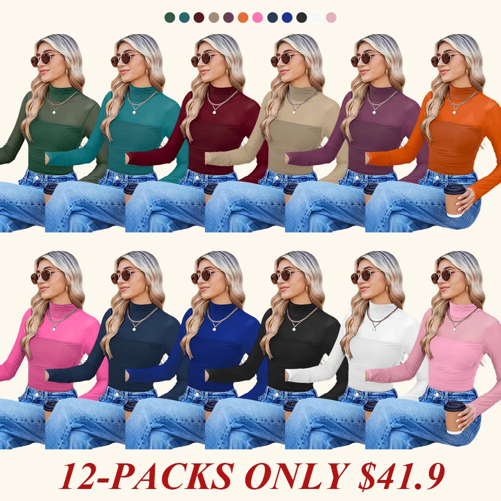 Women's Plain Round Neck Sheer Mesh Patchwork Long Sleeve Sexy Top