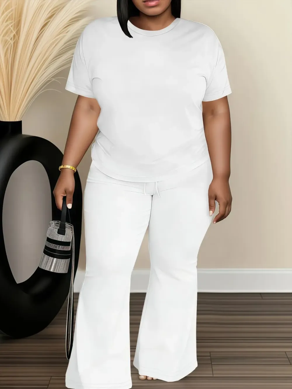 Women's Fashionable Big Size Casual Round Neck Short Sleeve Top & Loose Fit Straight Pants Set, Spring & Fall Comfortable Plain Design