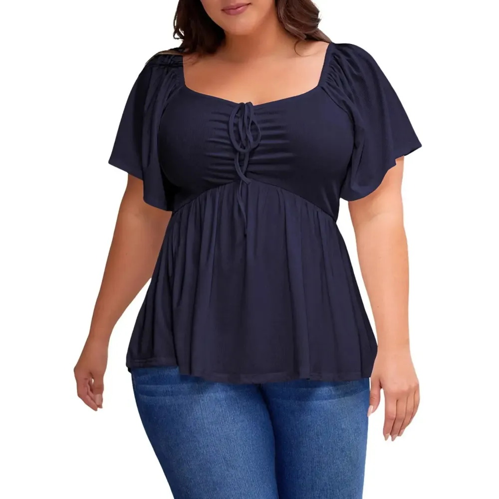 Women Plus Size Sweetheart Neck Short Sleeve Shirred Peplum Blouse Tops Shirts