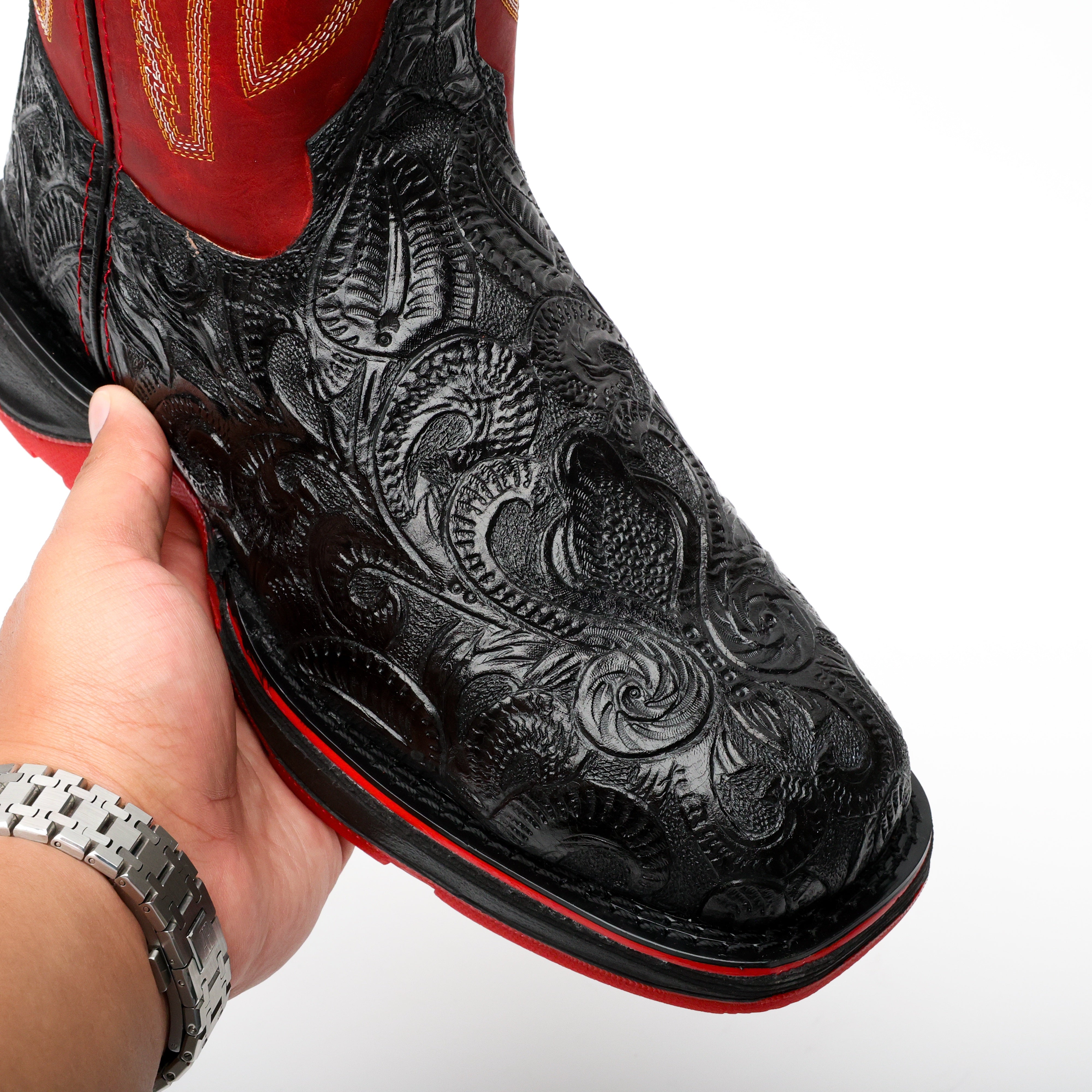 TBR Black Hand-Tooled Leather Boots With 3D Lightweight Sole - Composite Toe