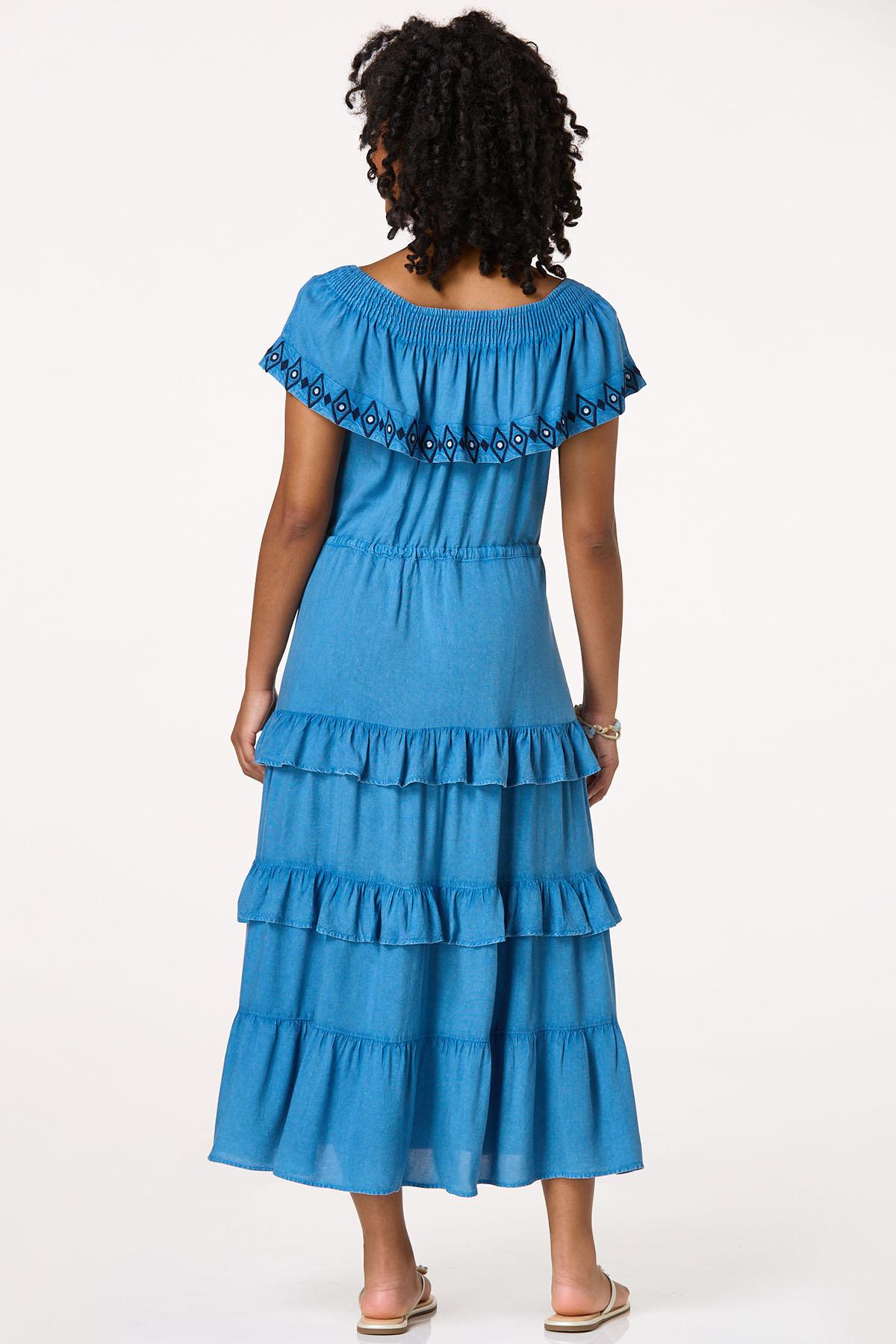 Embroidered Off Shoulder Chambray Dress