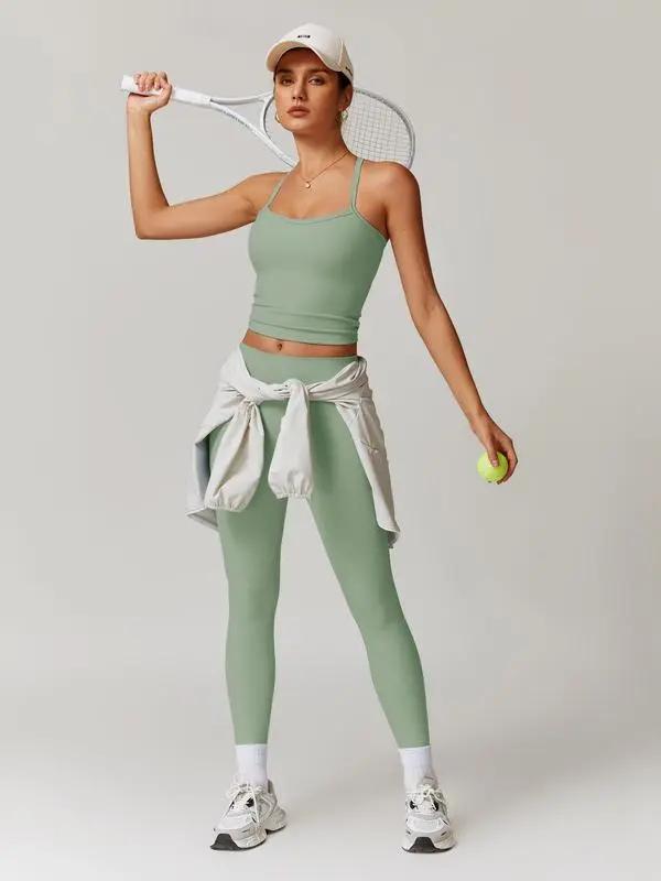 Women's Solid Cut Out Backless Cami Top & High Waist Leggings Tracksuit Set