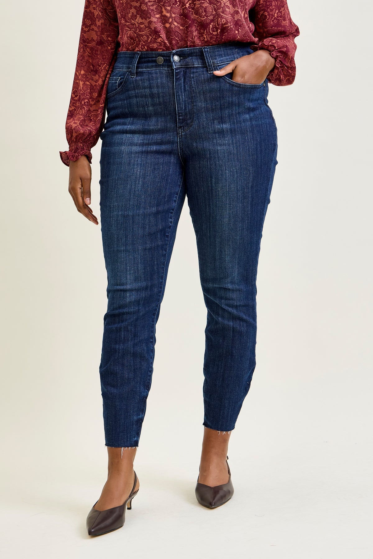 Kinsley Edgy Mid Rise Skinnies with a Raw Twist - PLUS