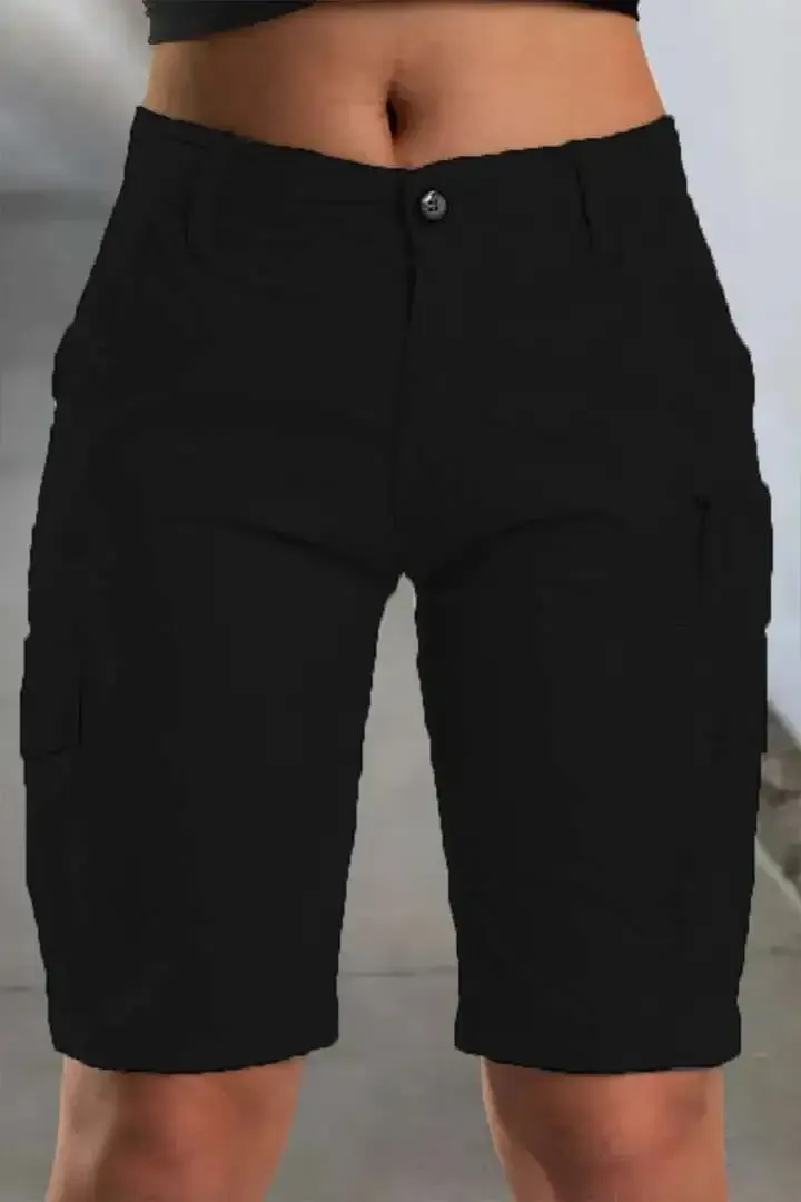 Solid Multi Pocket Mid Rise Bermuda Cargo Shorts