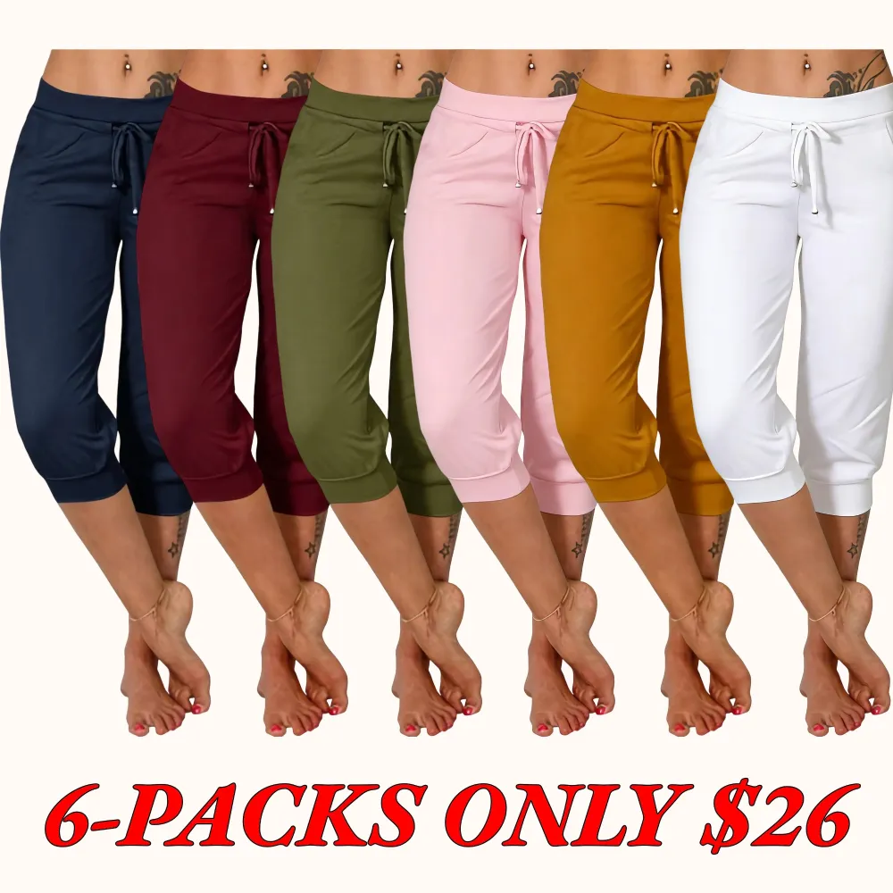 Women's Solid-Color Cropped Pants with Drawstring Waist — Casual Everyday Trousers with Pockets