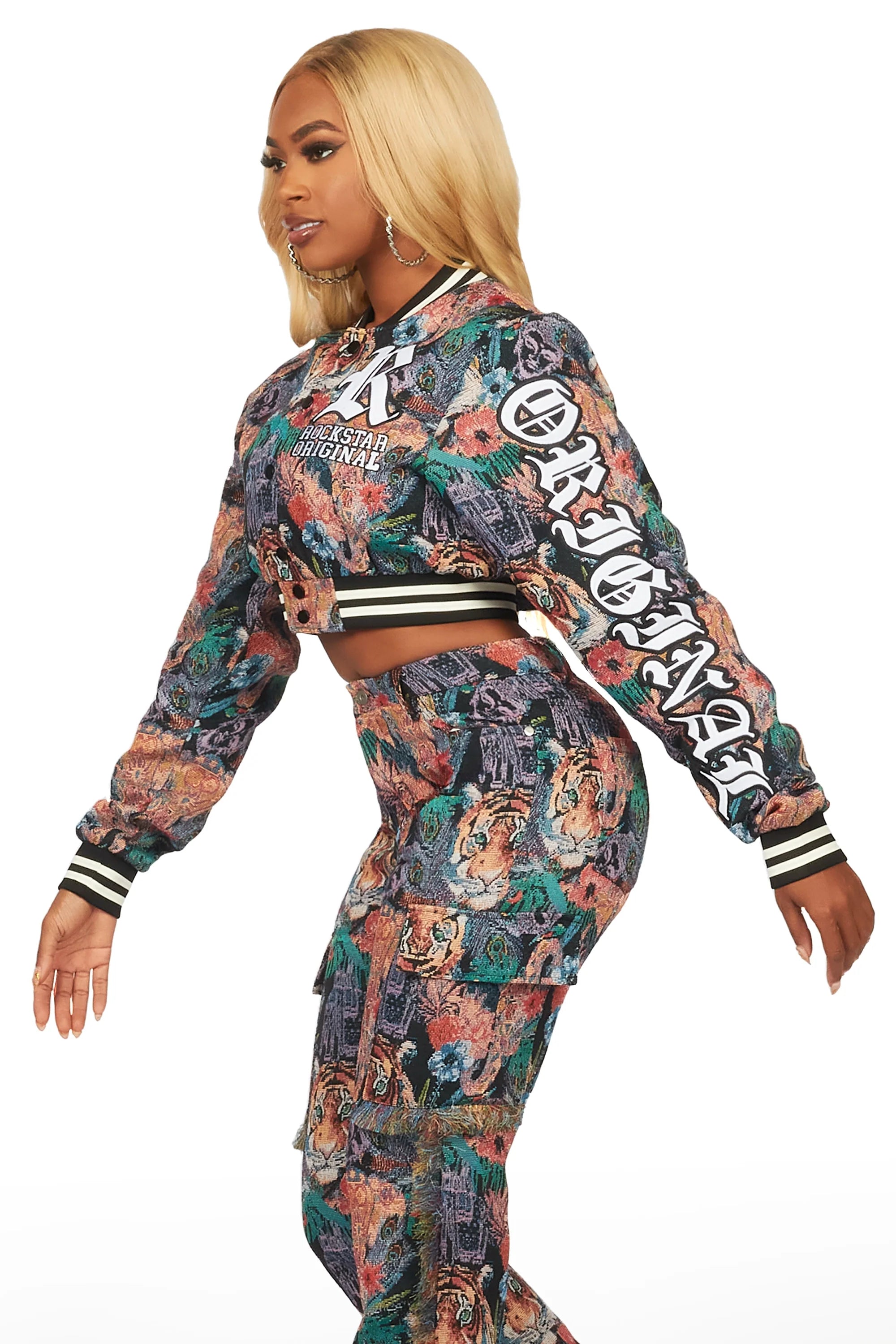 Rena Black Crop Tapestry Varsity Jacket