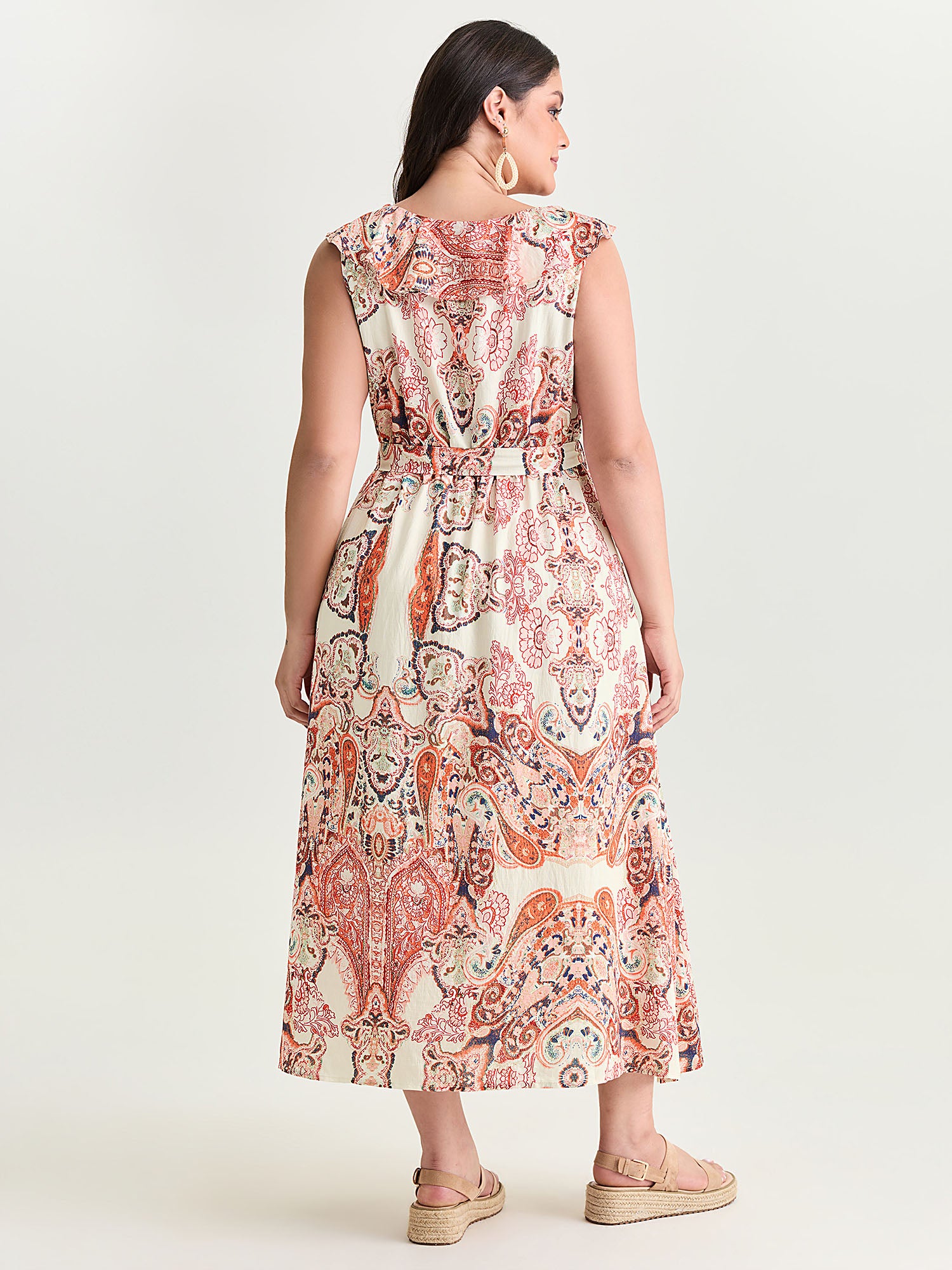 Paisley Print Waist-Tie Flowy Midi Dress