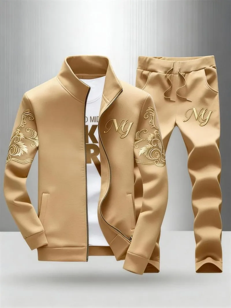 Men's Embroidery Stand Collar Tracksuit 2-Piece Full Zip Sportswear for Daily Casual Yellow Sweatsuit Matching Set