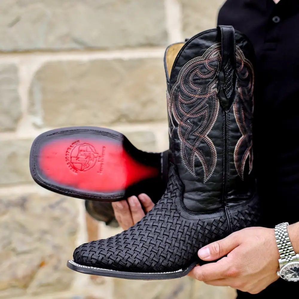 Black Basketweave Leather Boots - Square Toe