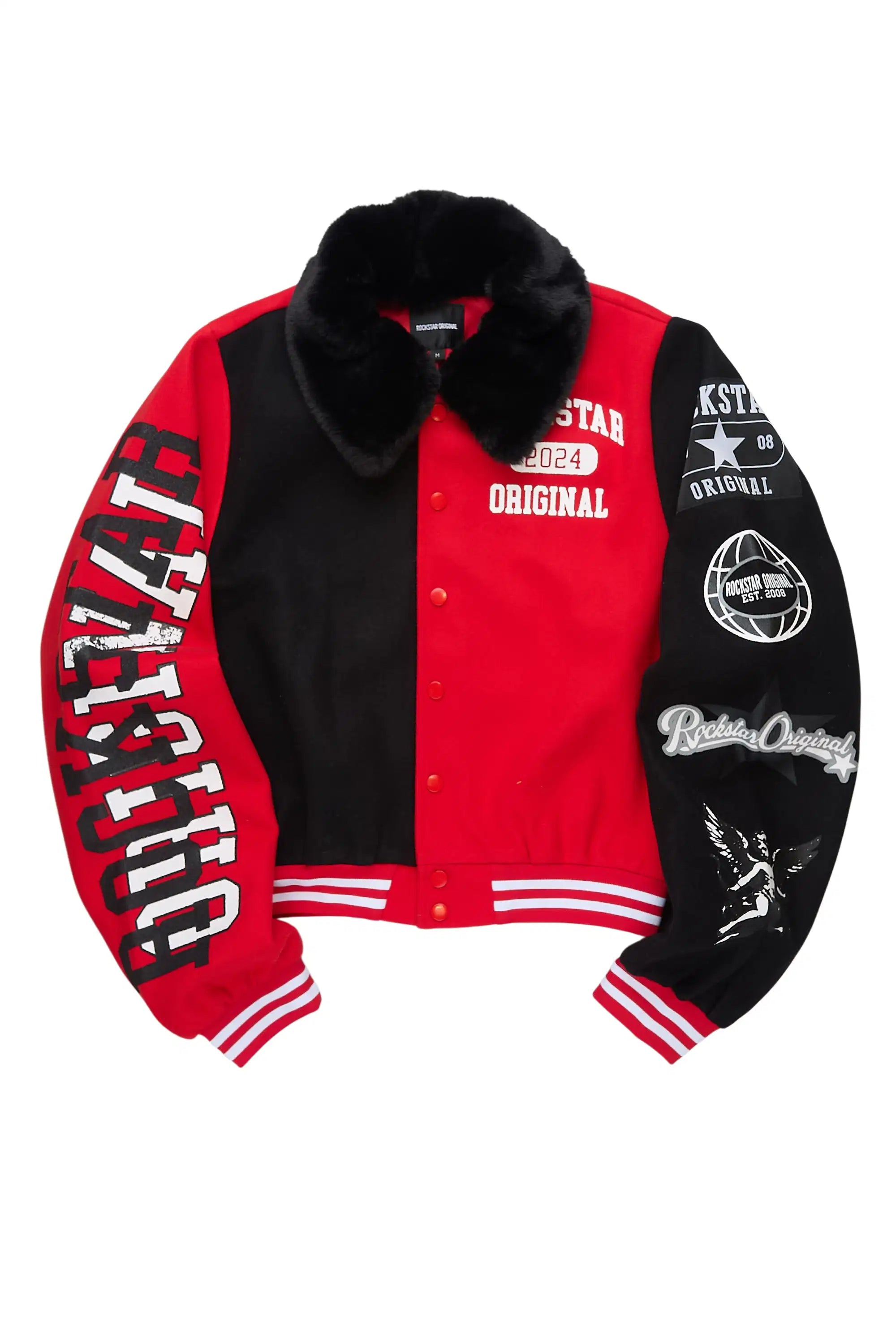 Kisha Black/Red/White Fur Collar Varsity Jacket