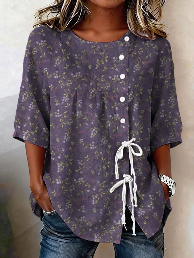 Women's Retro Floral Button Lace Up Tie Shirt- Fast Shipping