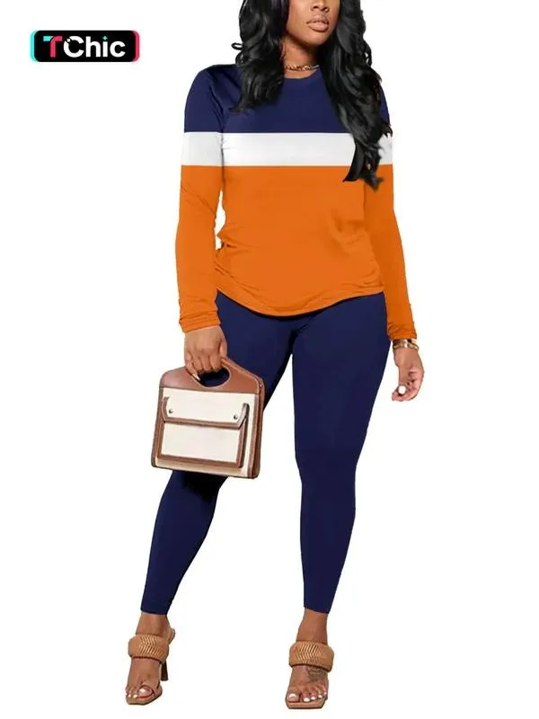 Two-Piece Set Women's Striped Print Long Sleeve Tee & Skinny Pants Set