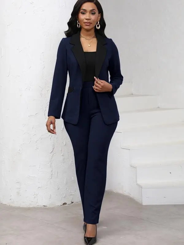 Women's Colorblock Blazer & Straight Leg Pants Set Suits