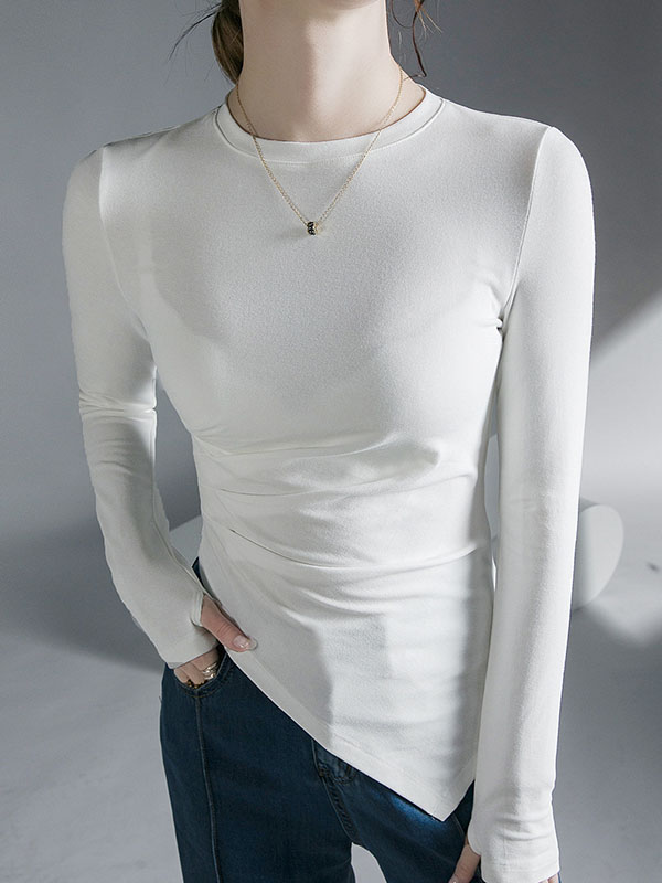 Asymmetric Pleated Solid Color Long Sleeves Skinny Round-Neck T-Shirts Tops