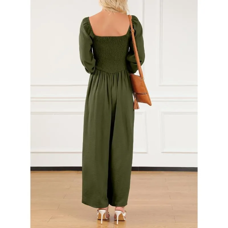 Women's Casual Loose Overalls Jumpsuits One Piece Long Sleeve Wide Leg Long Pant Rompers With Pockets