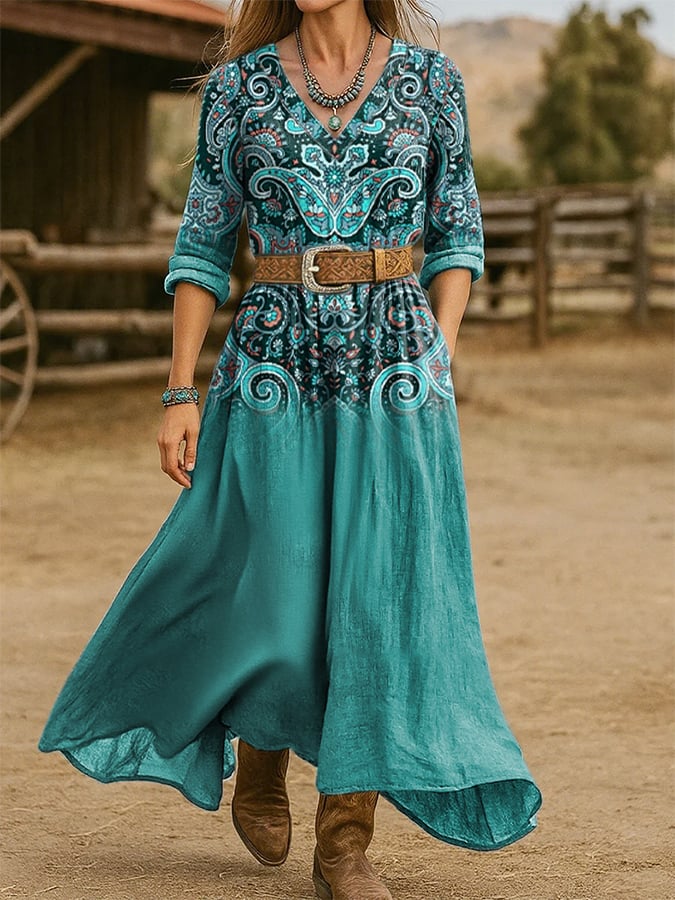 Women's Western Vintage Floral Print Dress