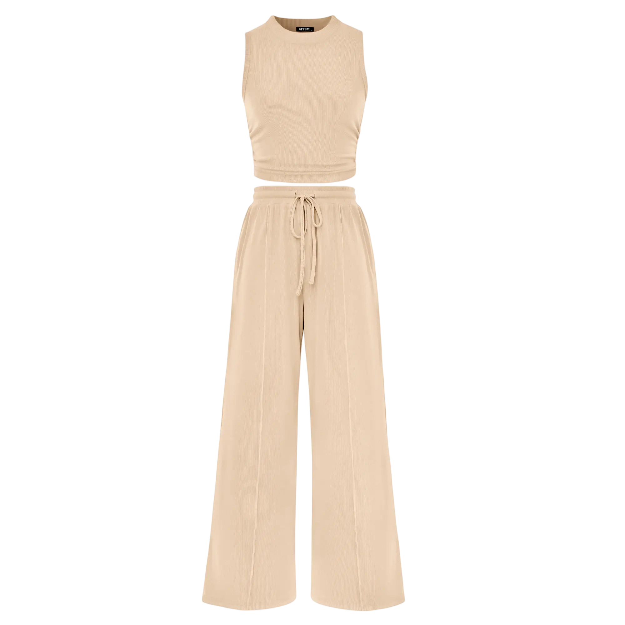 Women's Summer Two-Piece Set — Ribbed Knit Crew Neck Sleeveless Cropped Top