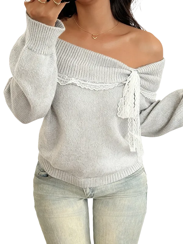 Women's off-shoulder lace bow sweater