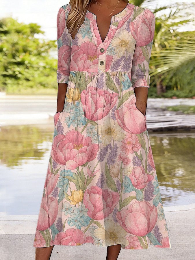 Women's casual cotton and linen floral dress- Fast Shipping