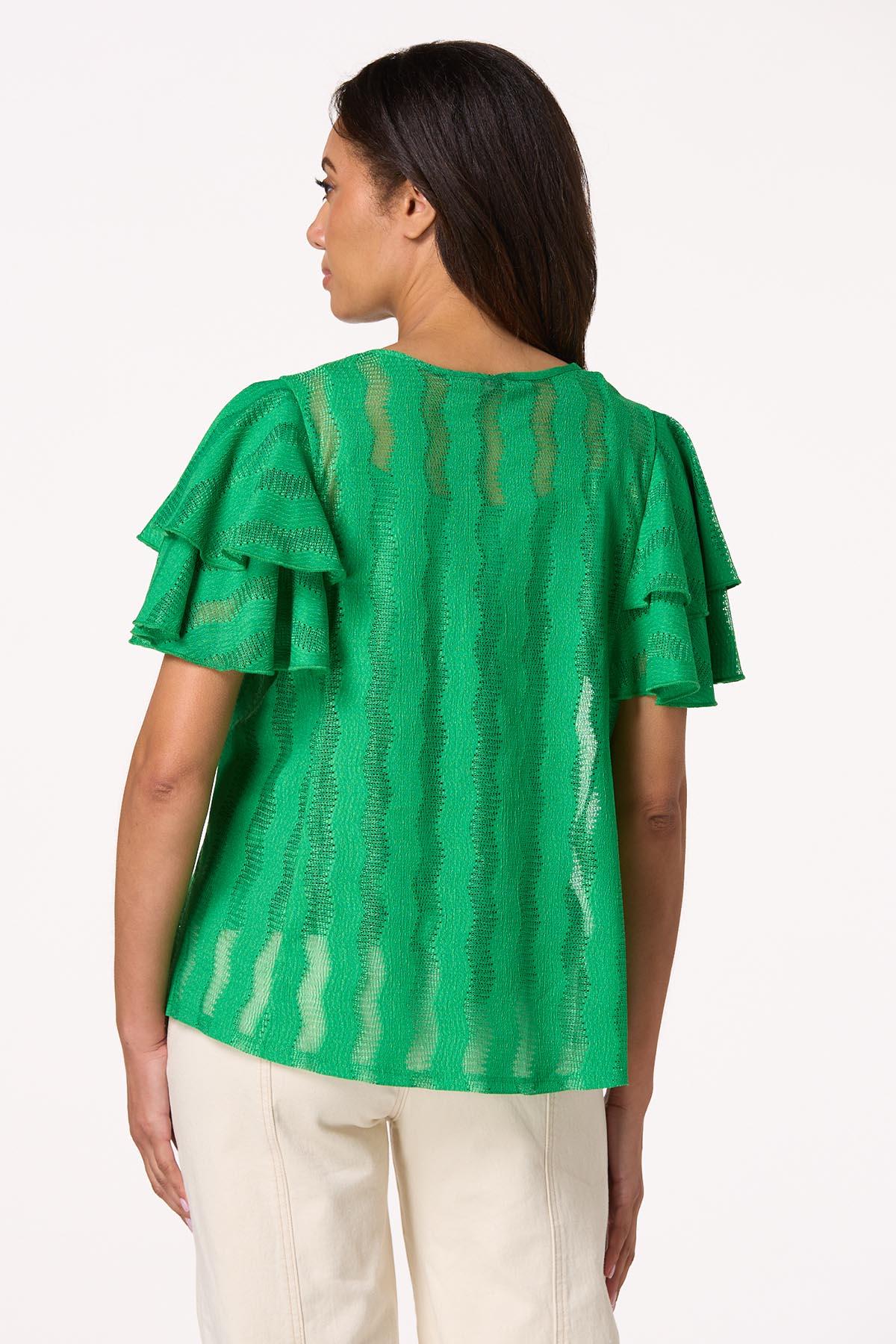 Green Textured Flutter Sleeve Top