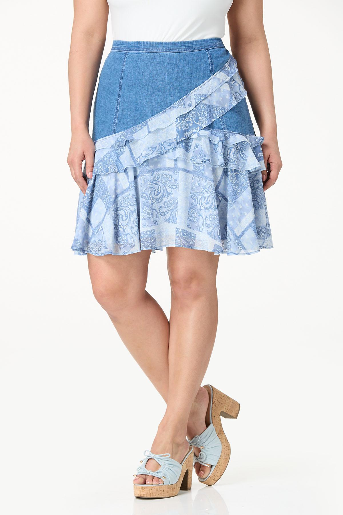 Plus Size Mixed Ruffled Denim Skirt
