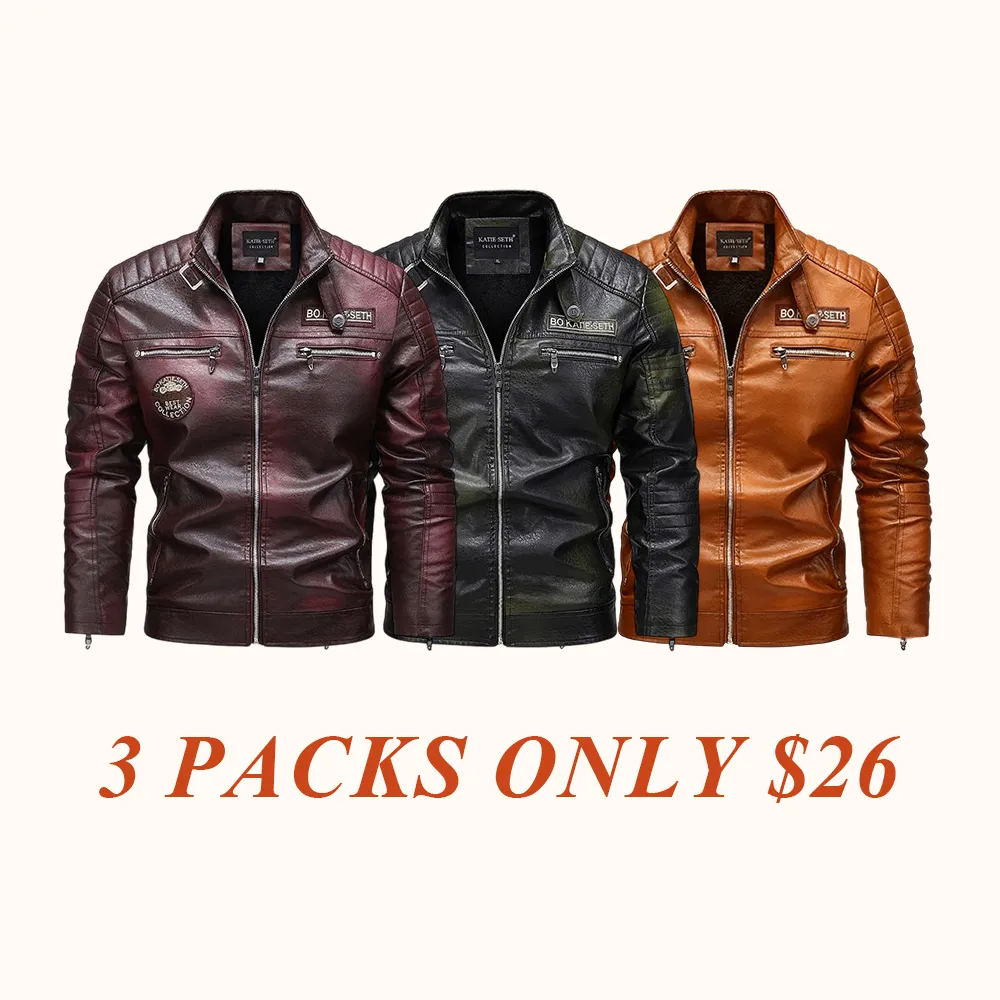 Men's Wine Red PU Leather Motorcycle Jacket - Quilted Details, Multiple Zippers