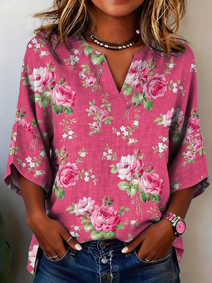Women's Casual Spring Floral Cotton Linen Top