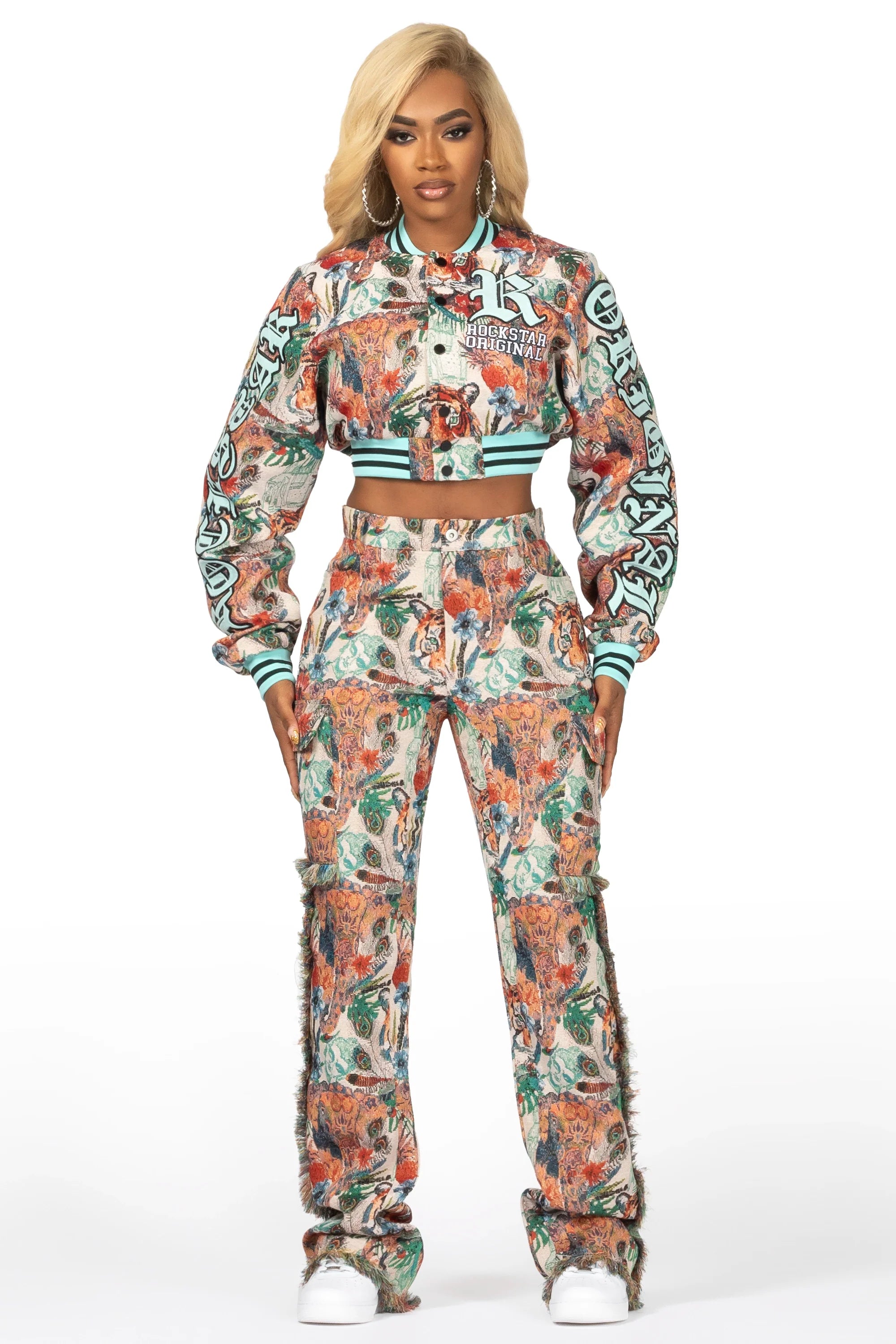 Rena Beige Crop Tapestry Varsity Jacket