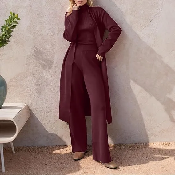 Three-Piece Set - Knit Turtleneck Tank & Wide Leg Pants With Long Cardigan