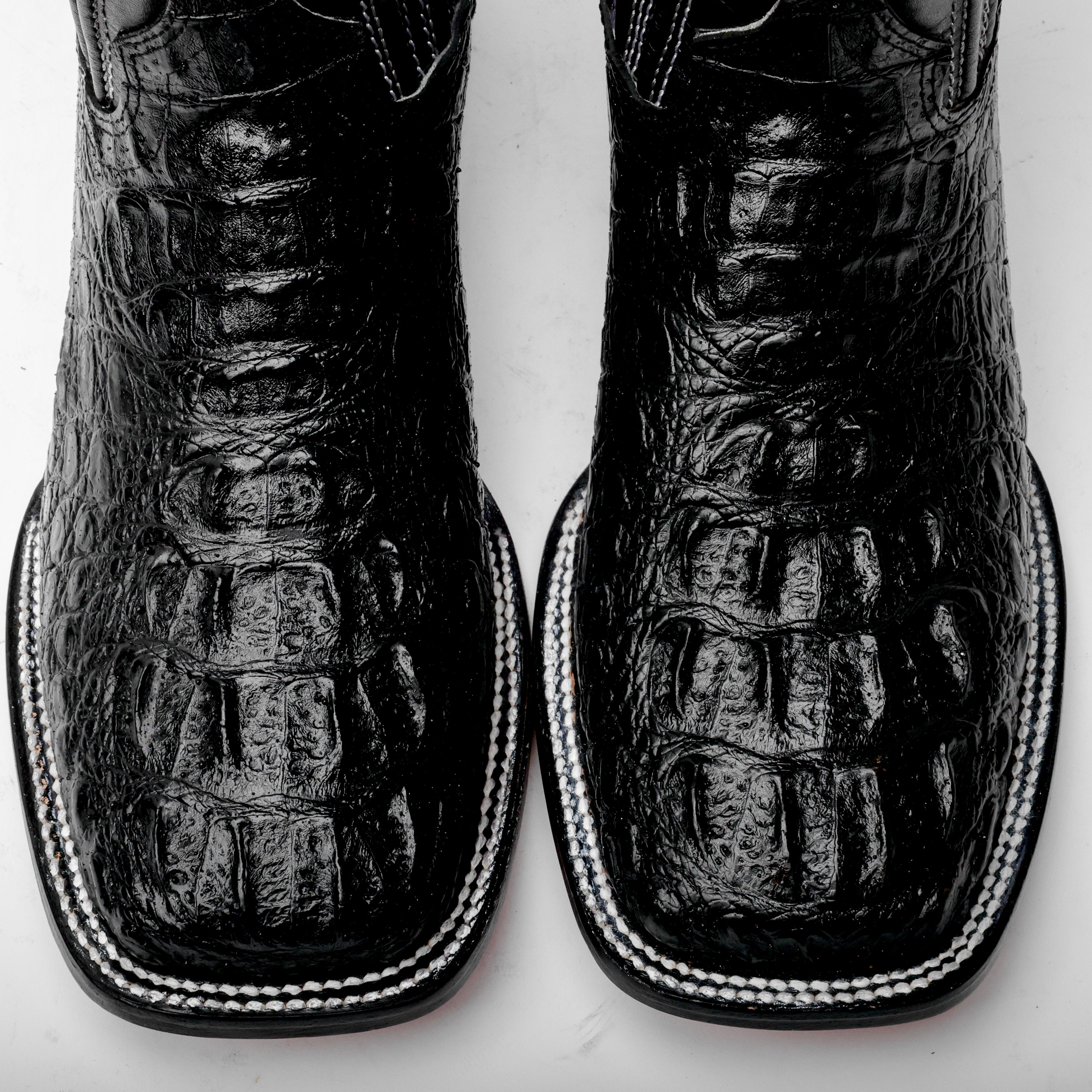 Black Caiman Neck Leather Boots - Square Toe