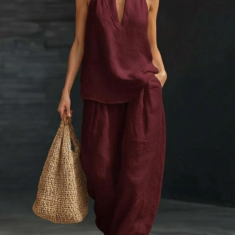 Two Piece Set - Perfect for Beach, Vacation & Brunch! Halter Neck Sleeveless Top Wide Leg Pants Set