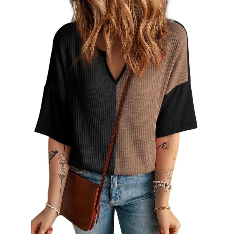 Womens Half Sleeve Waffle Knit Shirts V Neck Colorblock Blouses