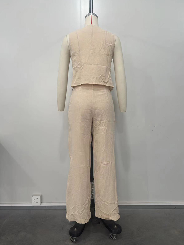 V-Neck Vest Loose Sleeveless Buttoned Solid Color Top + Split-Joint Pleated Pockets Pants Bottom Two Pieces Set