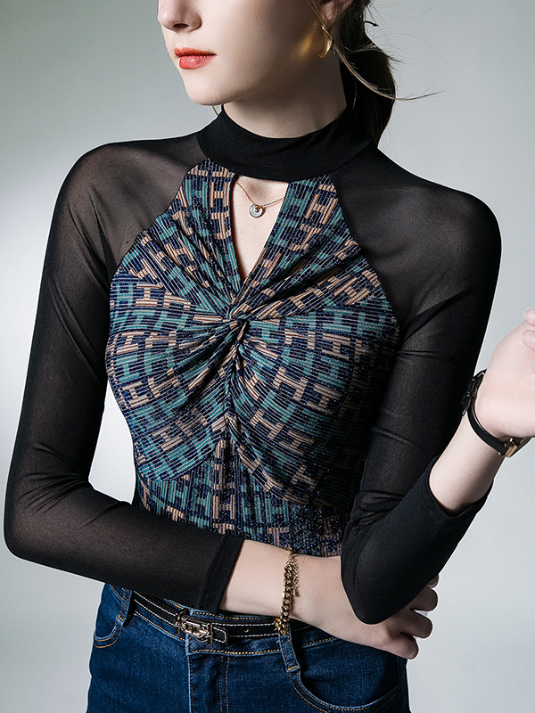 Hollow Knot Letter Print Split-Joint Long Sleeves Skinny Mock Neck T-Shirts Tops