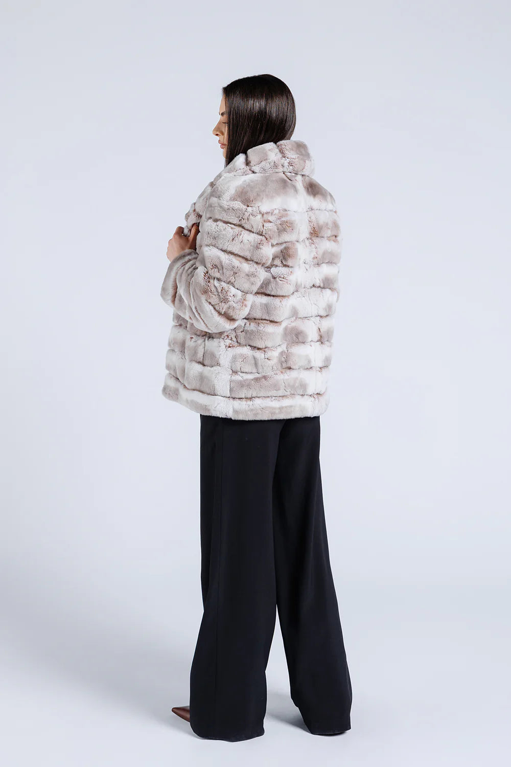 Haină din Blană Naturală de Rex Chinchilla, Guler Rever, Femei, Pearl 176