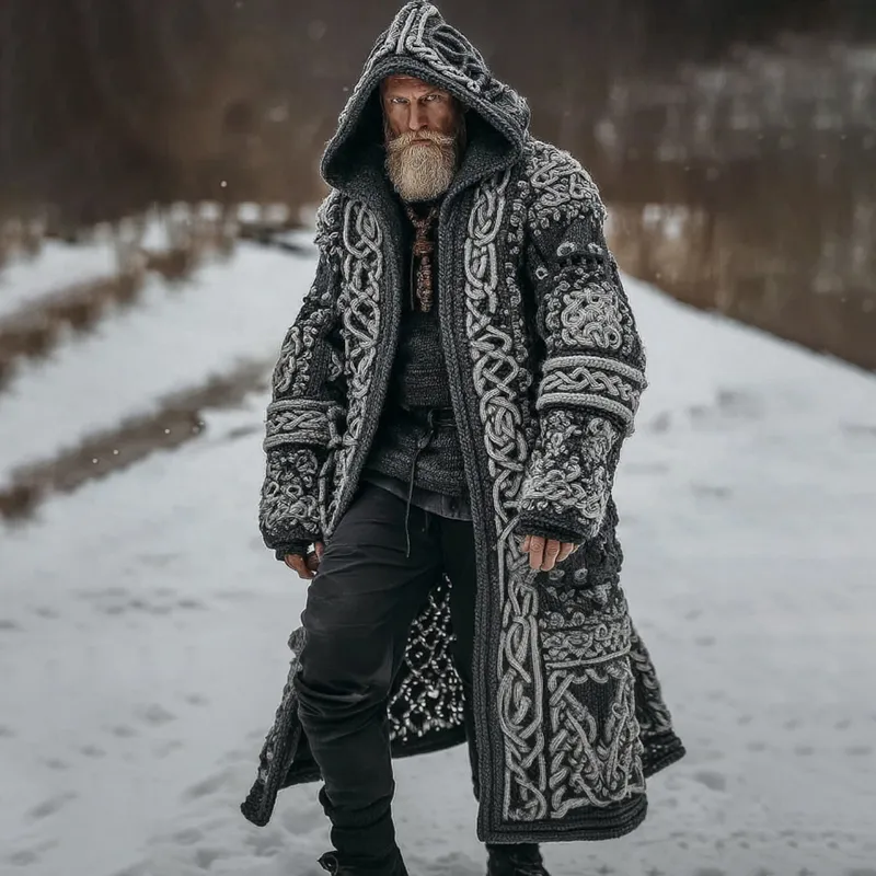 Men's Viking Celtic Knot Art Pocket Mid-length Hooded Cardigan Sweater