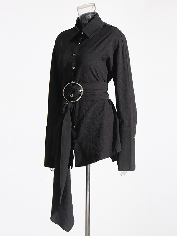 Belted Buttoned Long Sleeves Loose Lapel Shirt Dress Mini Dresses