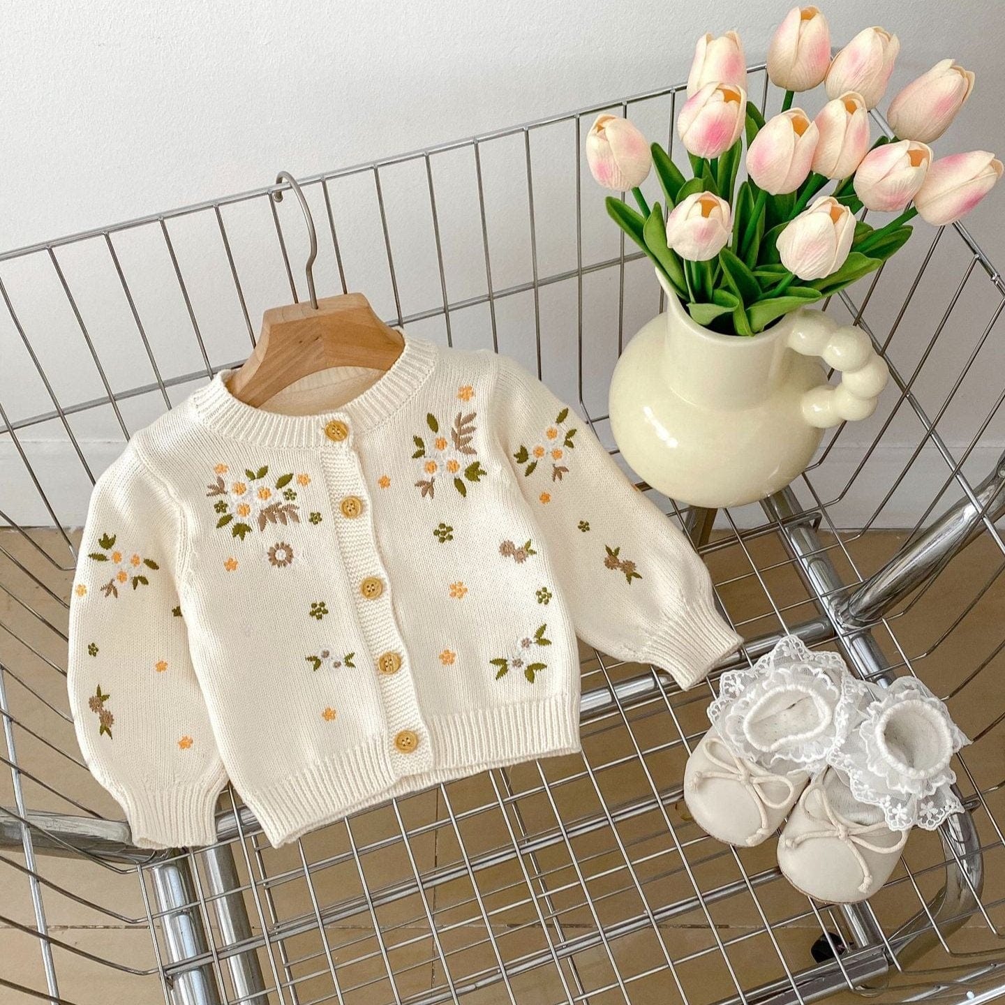Embroidered Floral Beige Knit Cardigan
